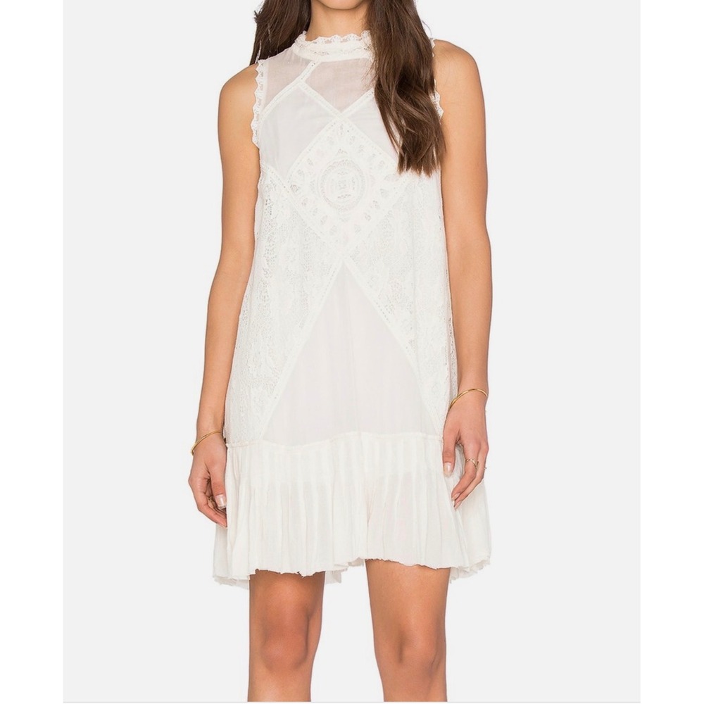 Free People Angel Lace And Crochet Dress Ivory L Raw Edge Pleated Buttom Hem